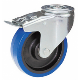 100mm Blue Elastic Swivel Castor, Single Bolt Fixing with Roller Bearing Wheel (Braked) - Max. 140Kg