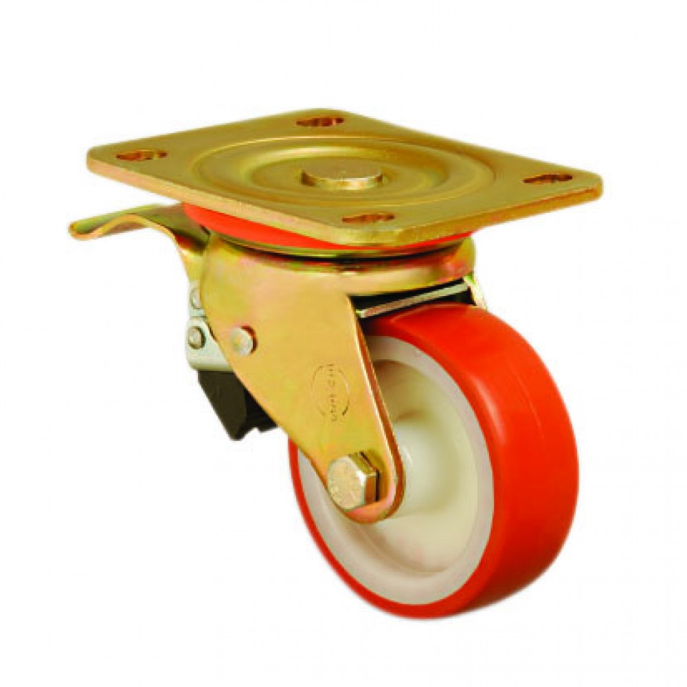 EXTRA HEAVY DUTY - 125mm Swivel Top Plate Polyurethane Tread Castor (Braked) - Max. 400Kg 