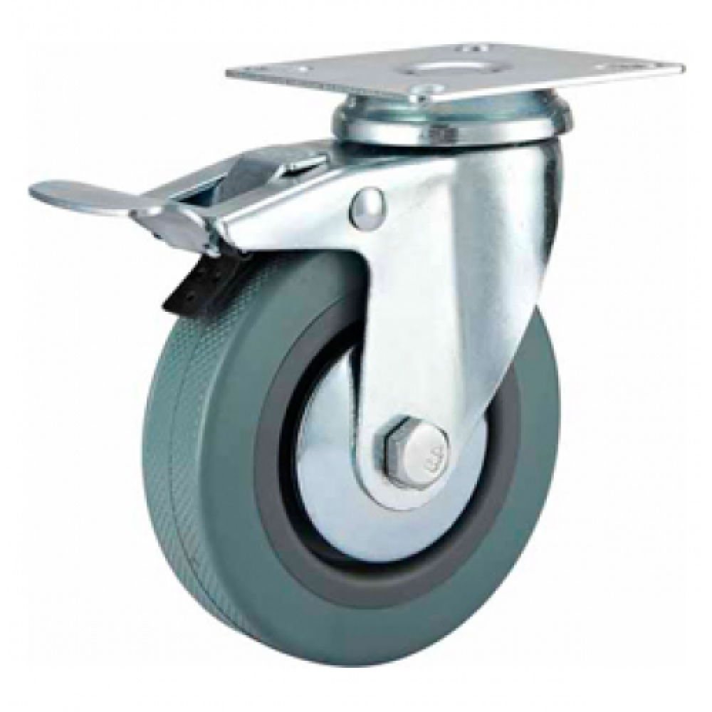 75mm Castor - Grey Non-Marking Rubber - Swivel Top Plate (Braked) - Max 65Kg